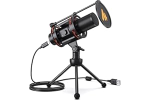 MAONO USB Computer Microphone, All in One Condenser PC Mic with Gain Knob, Zero Latency Monitoring, Metal Pop Filter and Trip