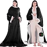 JKMAX Heated Electric Blanket Wearable Throw - Heated Wearable Robe with Sleeves and Foot Pockets - Heating Blanket with 10-Level Heating Auto-Off Flannel Heated Hoodie for Adults(50''x75'', Black)