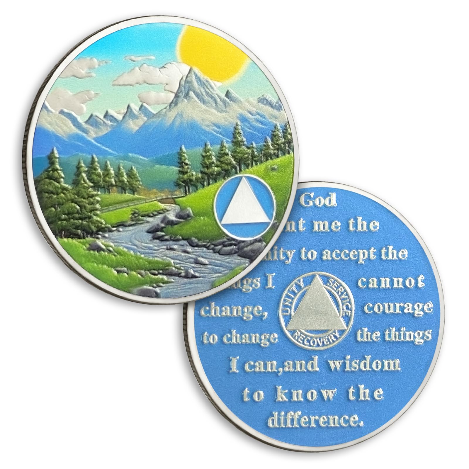 Valley Sunrise Sobriety Coin, Hope & Renewal AA Chip, Addiction Recovery Medallion with Serenity Prayer, Sobriety Gifts for Men & Women