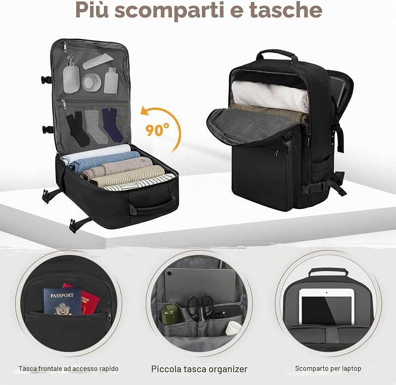 Bagaglio a mano 45 × 36 × 20 per Easyjet, Zaino da Viaggio Sotto il Sedile Aereo Borsa da Cabina Voli Zaini Casual Valigia Ufficio scolastico lavoro Borse Adatto a Laptop da 17 pollici — foto 3 di 7
