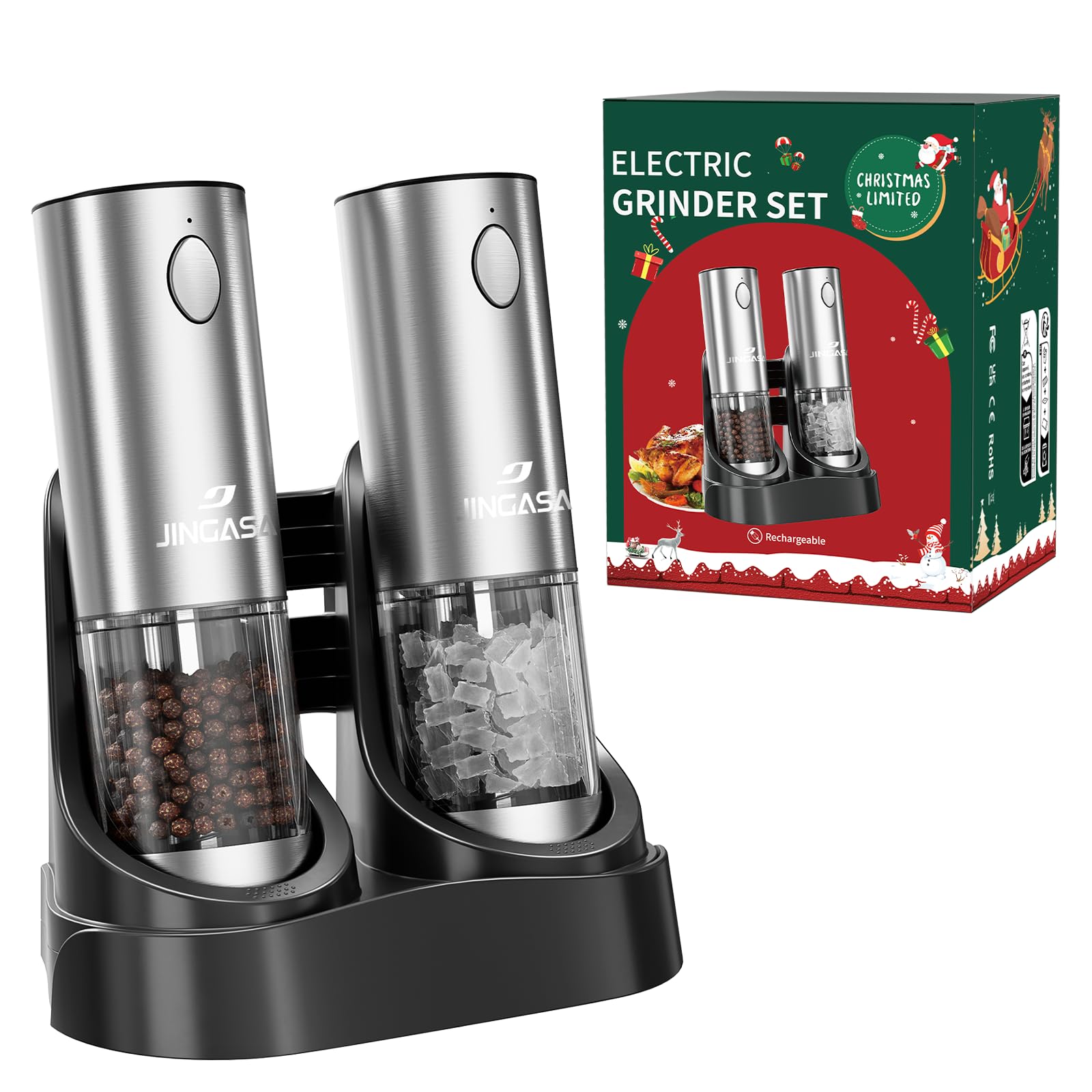 [Upgraded Larger Capacity] Electric Salt and Pepper Grinder Set with USB Charging Base, 95ml Large Capacity, Adjustable Coarseness,Stainless Steel Automatic Pepper Mill (Upgraded Capacity-Gift box) Image