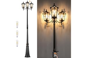 PARTPHONER Black Roman Dusk to Dawn Outdoor Lamp Post with GFCI Outlet, Triple Head Aluminum Street Light Post for Outside, Waterproof Pole Lighting Fixture with Water Glass for Backyard Garden Patio Driveway