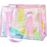 KUAK Iridescent Clear Beach Tote Bag for Women Girls Large Waterproof with Inner Zipper Pocket for Swim Pool Travel Vacation