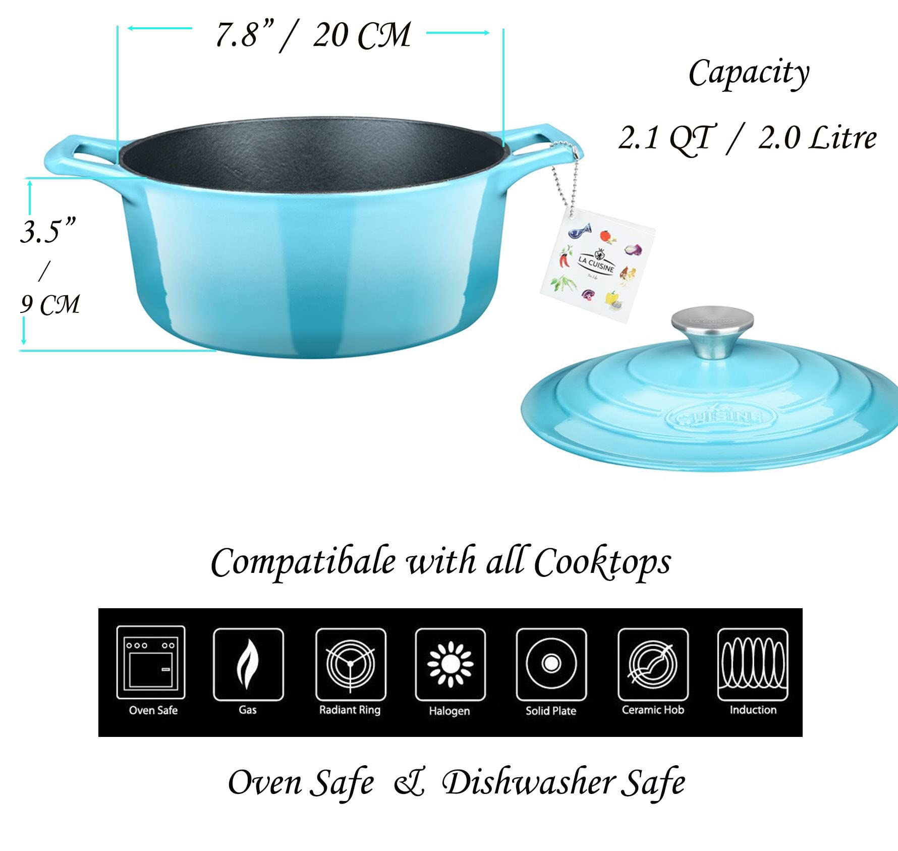 La Cuisine Gusseisen Bratentopf Topf Schmortopf Cocotte Brotbacktopf emailliert mit Deckel Induktion Backofengeeignet rund 20 cm 2 L. Blaugrün Ofenfest 6
