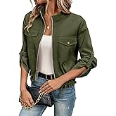EVALESS Womens Zip Up Jacket Roll Tab Sleeve Flap Pocket Drawstring Hem Utility Lightweight Cropped Jackets