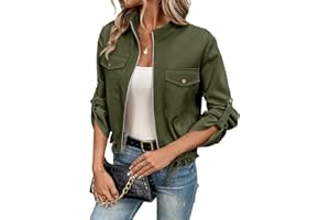 EVALESS Womens Zip Up Jacket Roll Tab Sleeve Flap Pocket Drawstring Hem Utility Lightweight Cropped Jackets