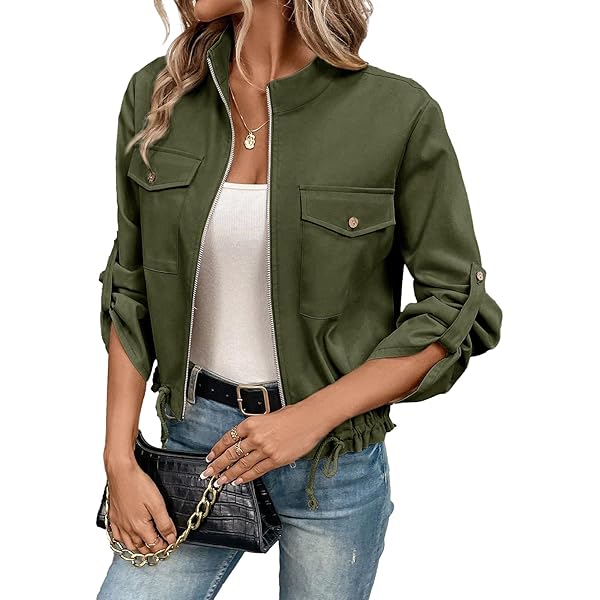 Amazon.com: Women's Fashion Cropped Bomber Jacket Long