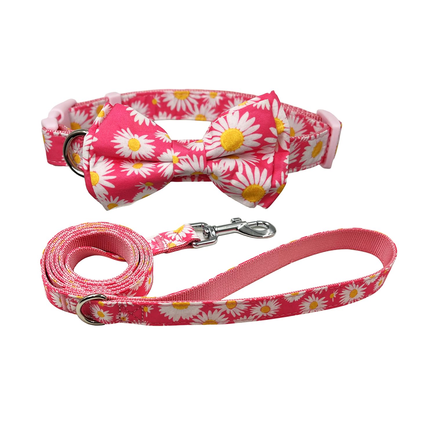 Olahibi Dog Bowtie Collar and Leash Combo Set, Pink Daisy Pattern, Nylon Webbing Plus Cotton Ribbon, 150CM Leash, for Small Dogs.(S, Pink Daisy) — image 1