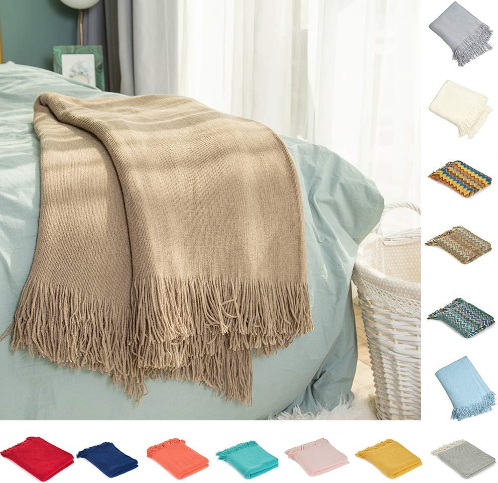 INSHERE Oversized Coffee Brown Camel Solid Color Knit Woven Throw Blanket Cover with Tassels Fringe Lightweight Soft Cozy Warm Home Decor for Couch Bed Chair Sofa 51''x67''