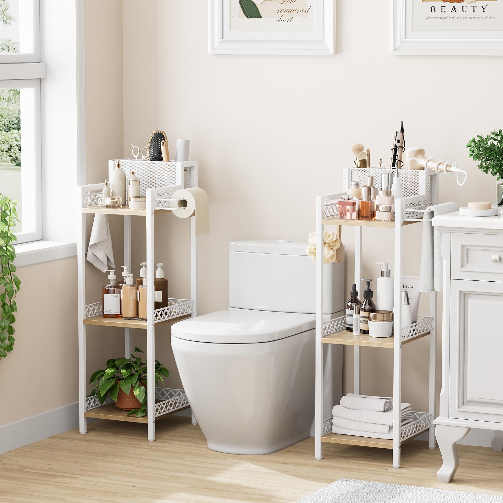 FURFUN Slim Bathroom Storage Shelf Unit, 3 Tier Corner Storage, Rustic Makeup Organizer, Space-Saving Floor Standing Storage Shelves for Bathroom, Vanity,Kitchen, Laundry 9.85im Matte White