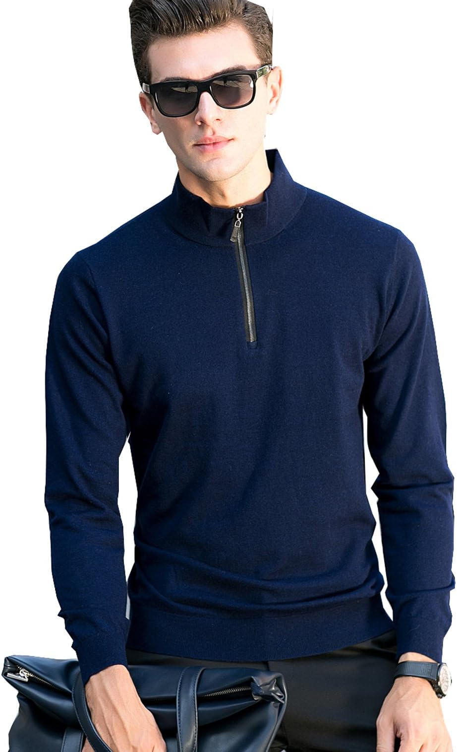 FOUQ Men's Wool Blend Long Sleeve Half Zip Thin Soft Knit Sweater