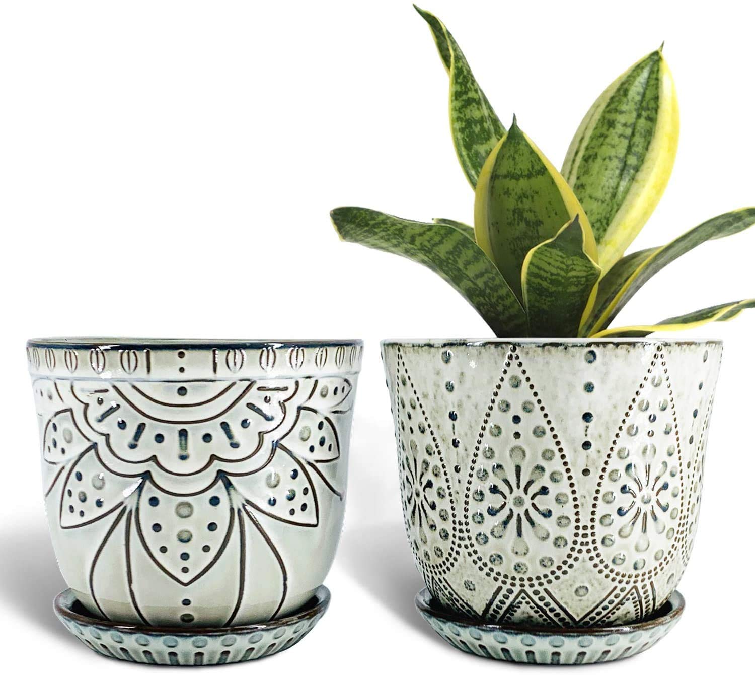 YFFSRJDJ 15CM Flower Pots-Set of 2. Beaded Ceramic Planter with Drainage Hole and Saucer for Plants, Indoor-Outdoor Large Round Succulent Plant Garden Pot (White)