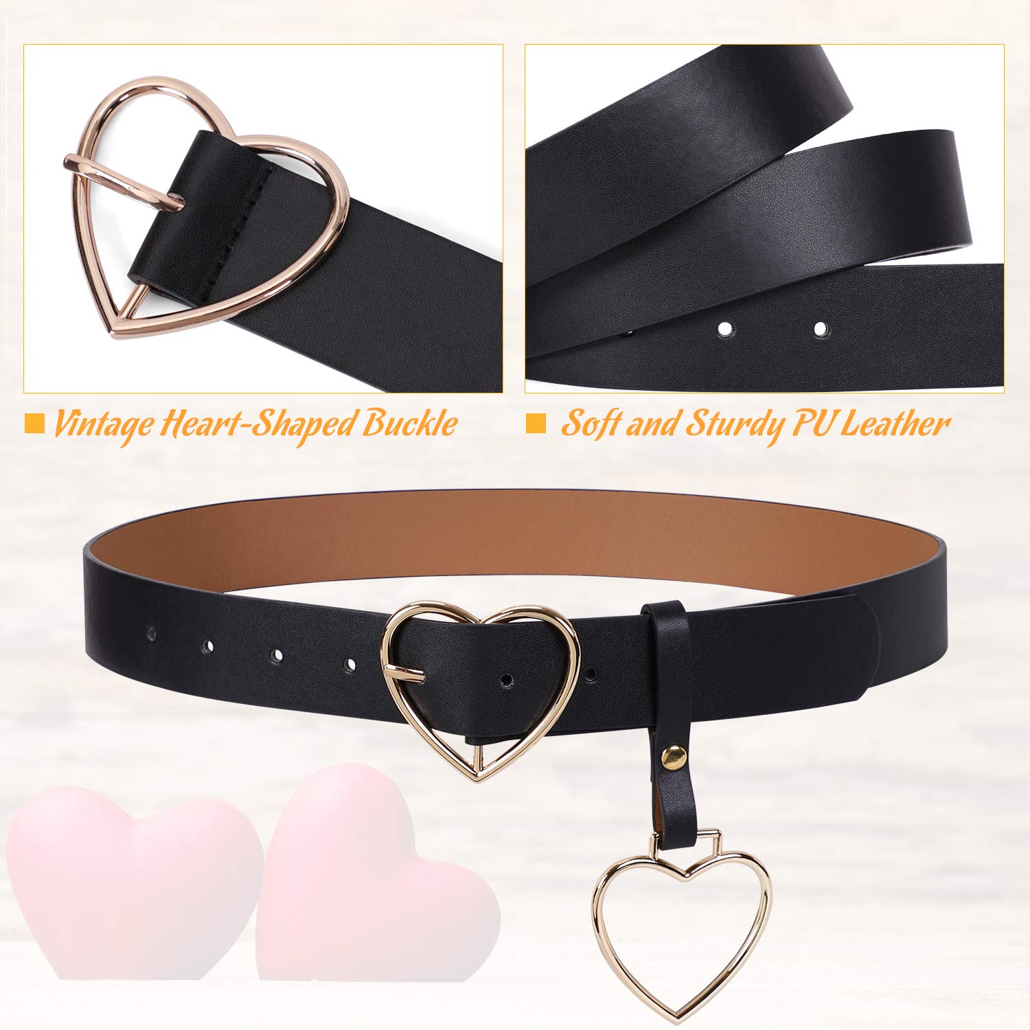 Heart-shaped Wide Black Belt with Metal Buckle for Women Girls Students Shorts Jeans Ladies Dress