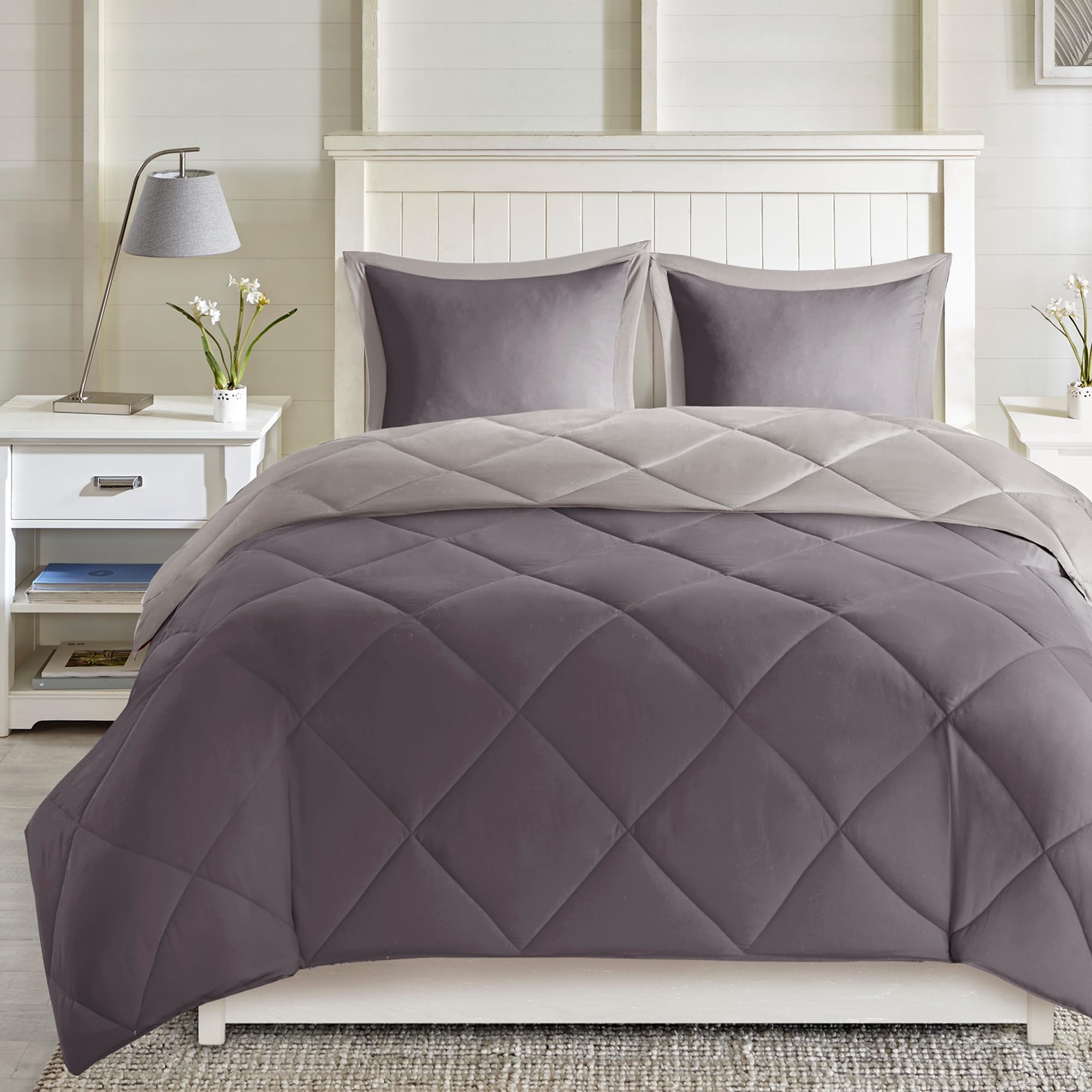 Photo 1 of Madison Park Larkspur All Season Reversible Two Sides Down Alternative Comforter Set 3M Stain Release Comforters, King, Charcoal/Grey
