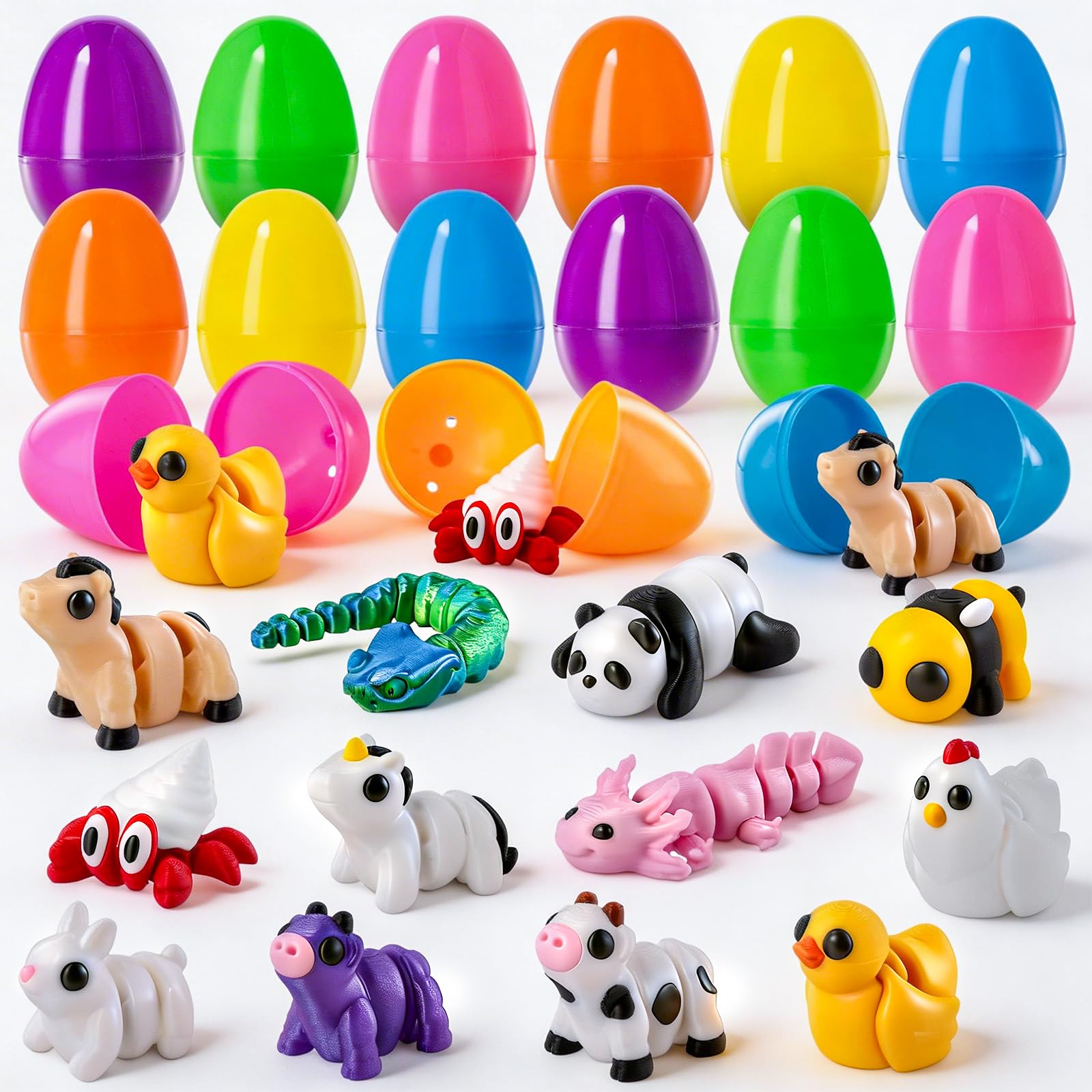 MGparty Prefilled Easter Eggs with 3D Printed Animal Toys Inside, 12 Colorful Mini Plastic Eggs Filled for Kids Toddlers, Easter Egg Hunt Party School Activities Bulk Gifts