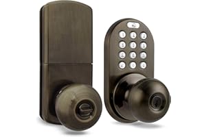 MiLocks TKK-02AQ Digital Door Knob Handle Lock with Electronic Keypad - Keyless Entry Smart Door Lock with Adjustable Latch Locks, Audible Tones for Interior Front Doors & More, Antique Brass