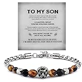 DIOWUS The Guardian - Son's Tiger Eye Protection Bracelet For Men, To My Son Bracelets from Mom Natural Stone Lion Black Beaded Stainless Steel Bangle Jewelry Gift for Birthday Christmas