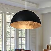 Fefoive 15 Inch Black and Gold Leaf Pendant Light, Grainy Matte Black Dome Chandelier with Hand-Applied Gold Leaf Interior, E