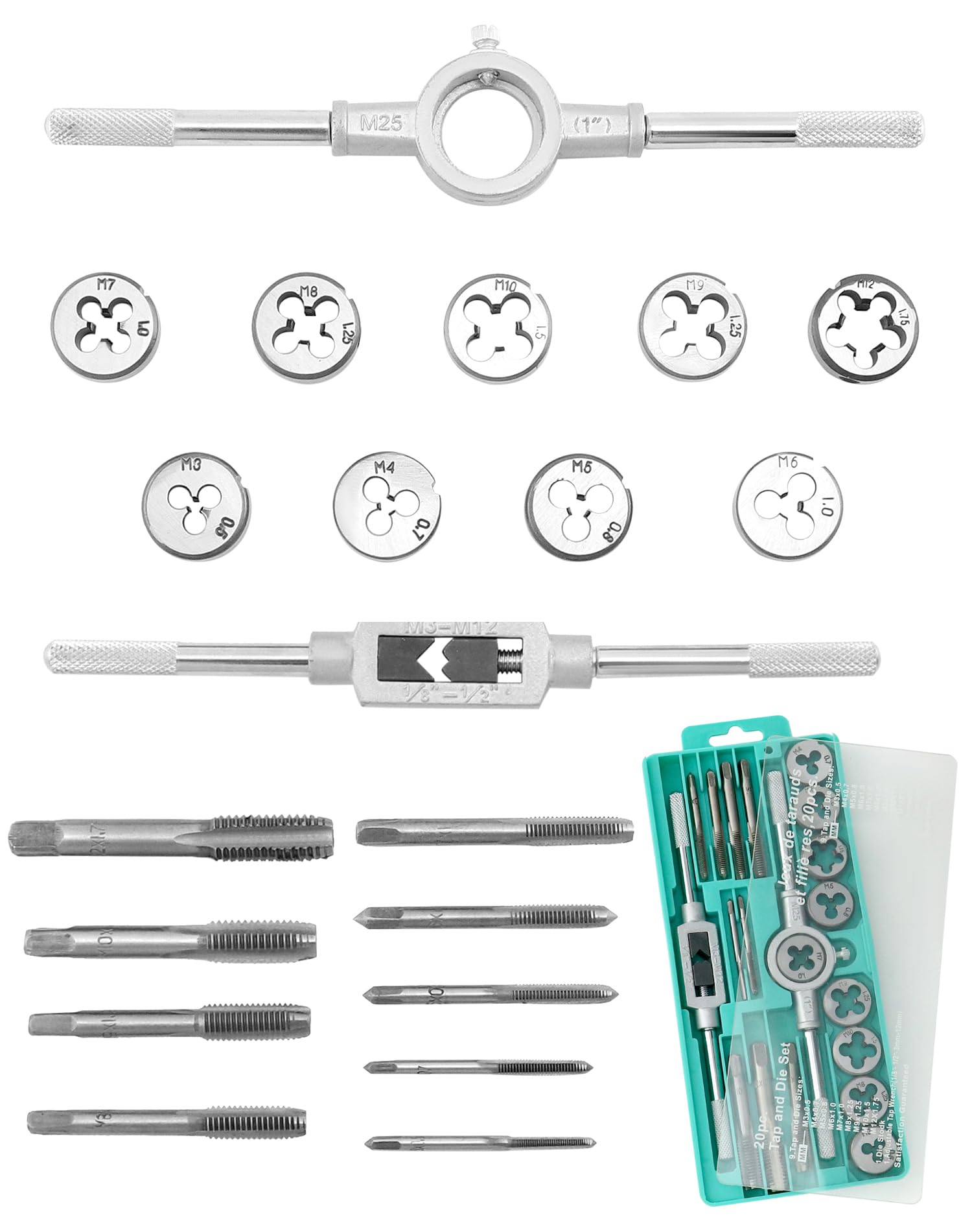 QWORK® 20-Piece Metric Tap and Die Set with Storage Case - HRC 53 Bearing Steel - M3-M12