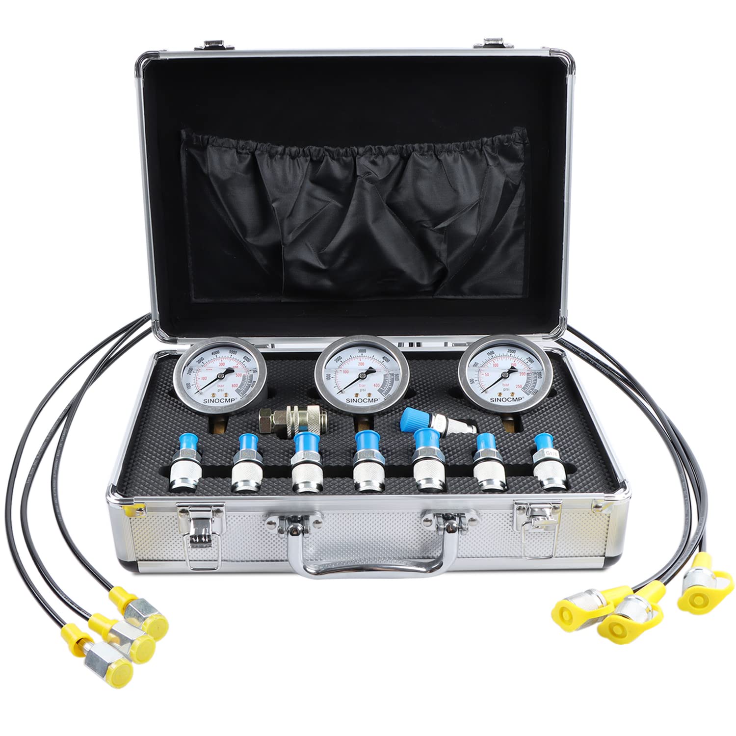 SINOCMP Hydraulic Pressure Gauge Test Kit - 4 Gauges, 4 Hoses, 10 Couplings, 3 Tees For Excavators & Machinery (Gold Case)
