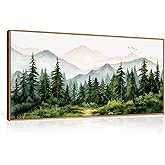 Ausril Green Forest Tree Mountain Range Framed Canvas Wall Art, Watercolor Nature Wall Decor, Woodland Nursery Wall Painting, Modern Wilderness Art Print for Living Room, Bedroom, Office 40"x20"