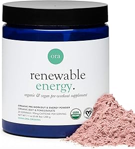 Ora Organic Natural Pre Workout Powder - Vegan Energy Supplement, Organic Beet Powder Blend Provides Jitter-Free Energy Boost & Focus, for Women & Men - Pomegranate Beet Flavor, 20 Servings