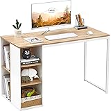 Small Desk White Computer Desk with Storage: 47 in Office Desk with Shelves Kids Writing Desk Student Study Table Modern Wood
