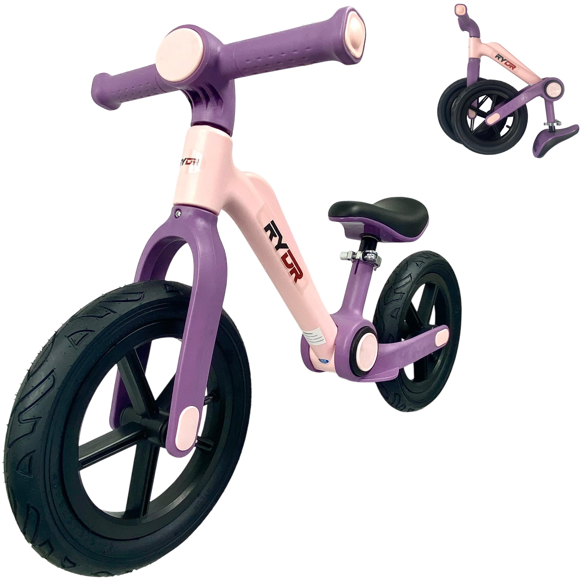 RYDR Folding Balance Bike for 2-6 Year Olds, Lightweight 12” Toddler Bicycle with Adjustable Seat, No Pedals for Walking & Balance Training, Indoor & Outdoor Use, Portable First Bike for Kids (Pink)