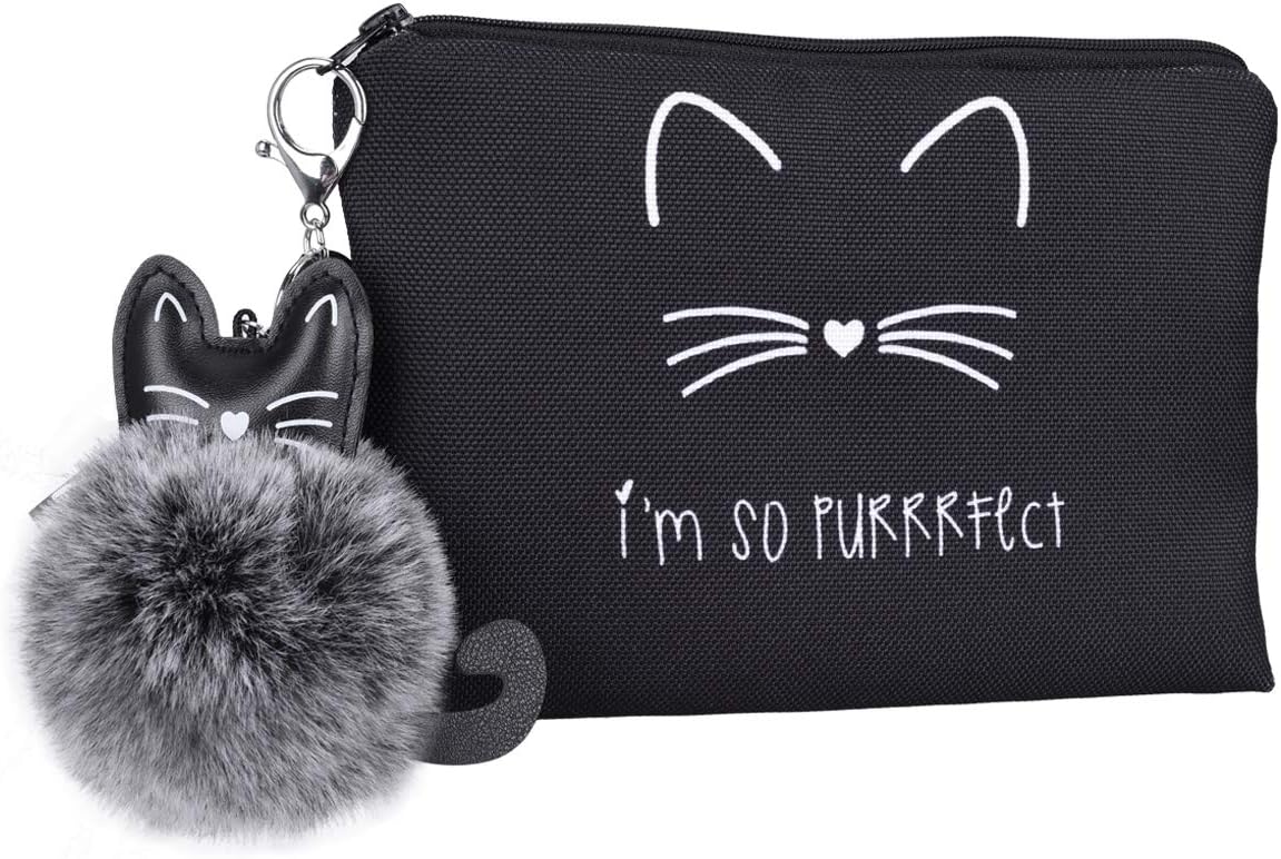 VerteLifeCosmetic Makeup Bag, Portable Handy Toiletry Travel Bag Zipper Pouch Small Organizer Bag Cute Cat Style Pencil Case with Stylish Handbag Pendant for Student Office College