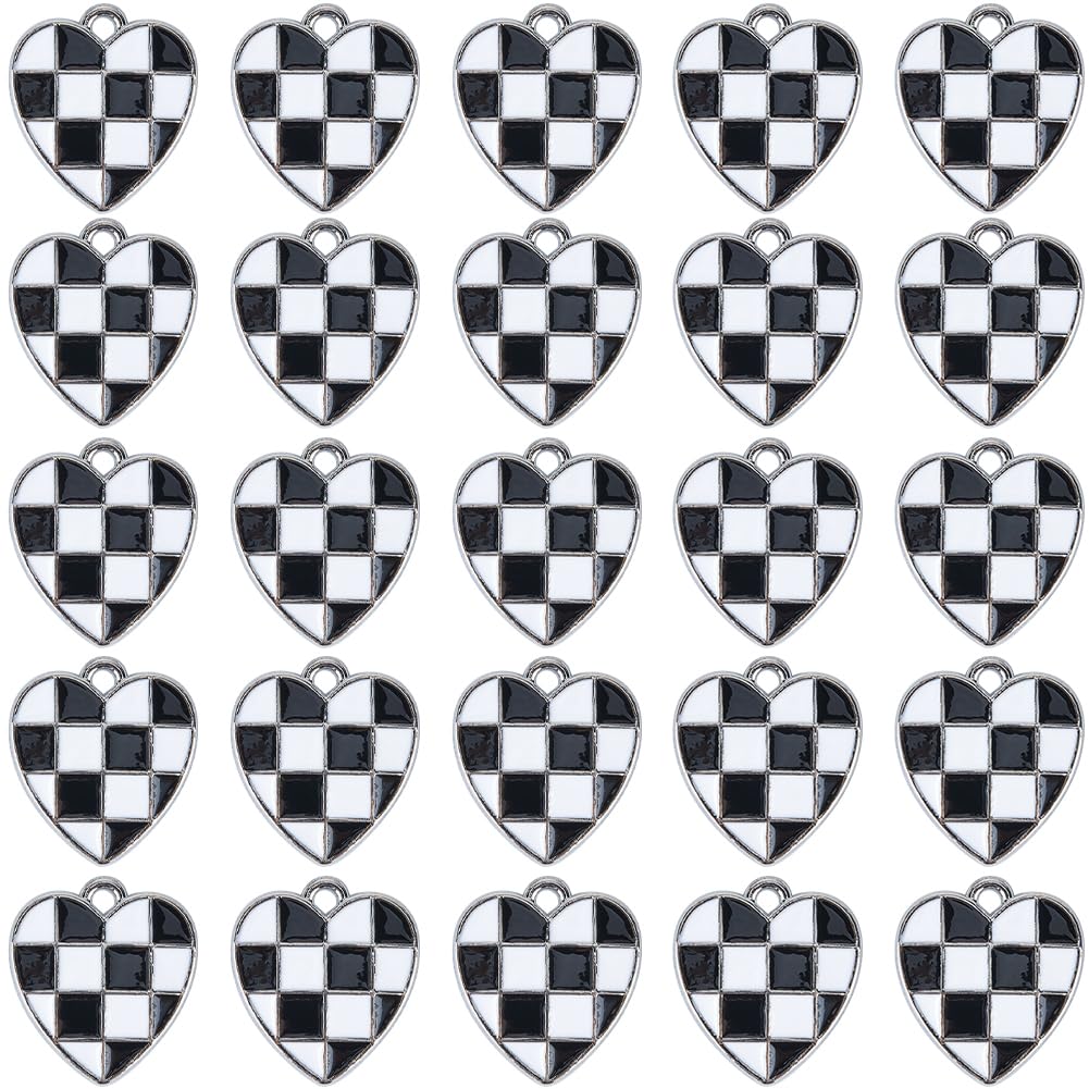 SUNNYCLUE 1 Box 30Pcs Black And White Heart Charm Enamel Charms For Jewellery Making Keychain Earrings Accessories Wedding Women Beginners
