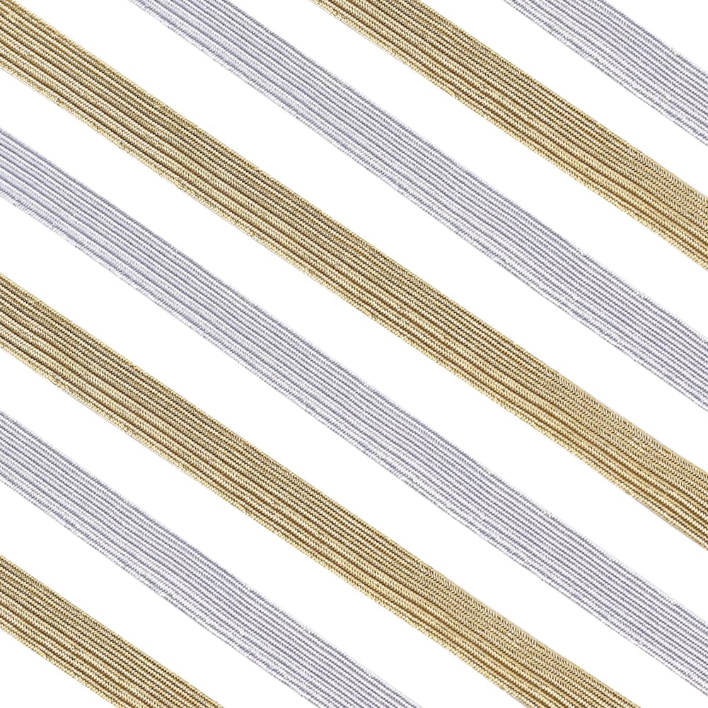 GORGECRAFT 24 Yards 2 Colors Elastic Band 10mm Wide Gold Glitter Metallic Ribbon Flat Silver Elastic Strap Braided Stretch Ribbon Elasticity Knit Rubber Cord Webbing Accessories for Sewing Craft