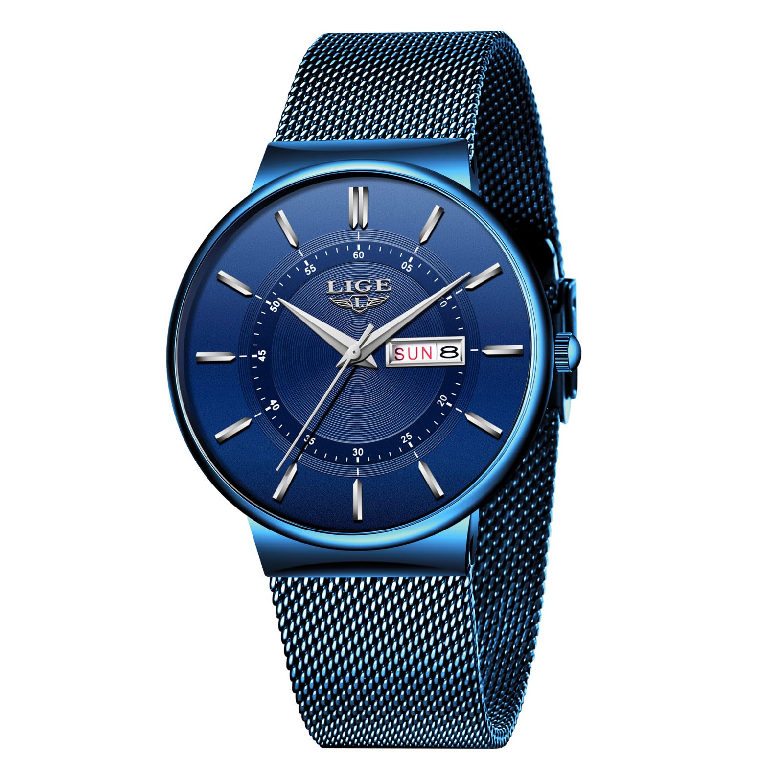 LIGE Stainless Steel Watches for Men Waterproof Wrist Analog Dress Vintage Work Casual 3ATM Water Resistant Quartz with Date Display Mesh Strap Thin Minimalist Analog Design Mens Watch,All Blue