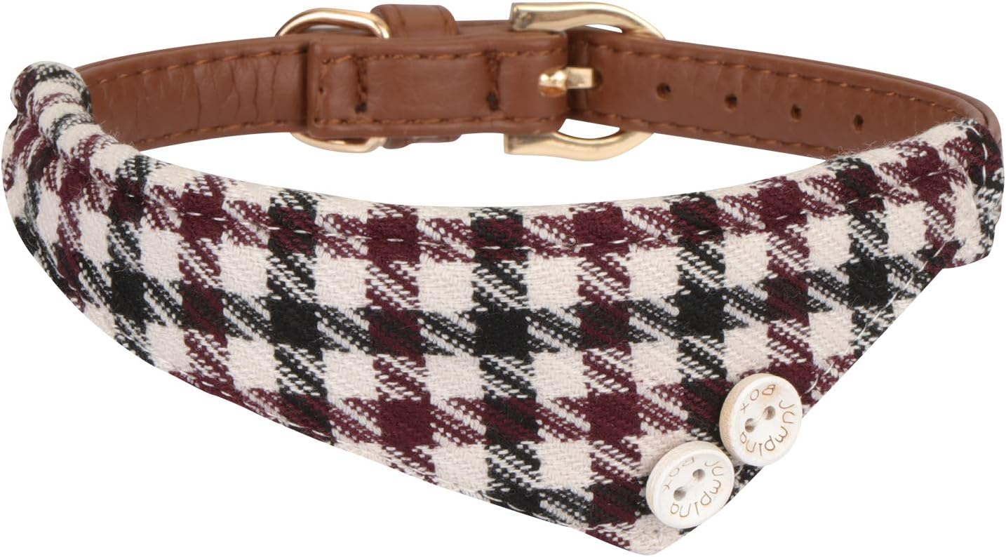 Hanko Bandana Style Leather Dog Collar, Cute Plaid Scarf for Cat Kitten Puppy Small Pet Adjustable Buckle Collar Outfits Accessories