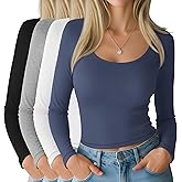 Oakgarden 4 Pack Women's Long Sleeve Crop Tops, Tight Going Out Tees Scoop Neck Solid Slim Shirts Fall Basic Y2k Tees
