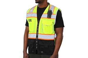SESAFETY High Visibility Safety Vest，Hi Vis Vest with Zipper and Utility Heavy Duty Black Pockets，Security Construction Vest for Men，ANSI/ISEA Standards, Mesh, Yellow Black XL