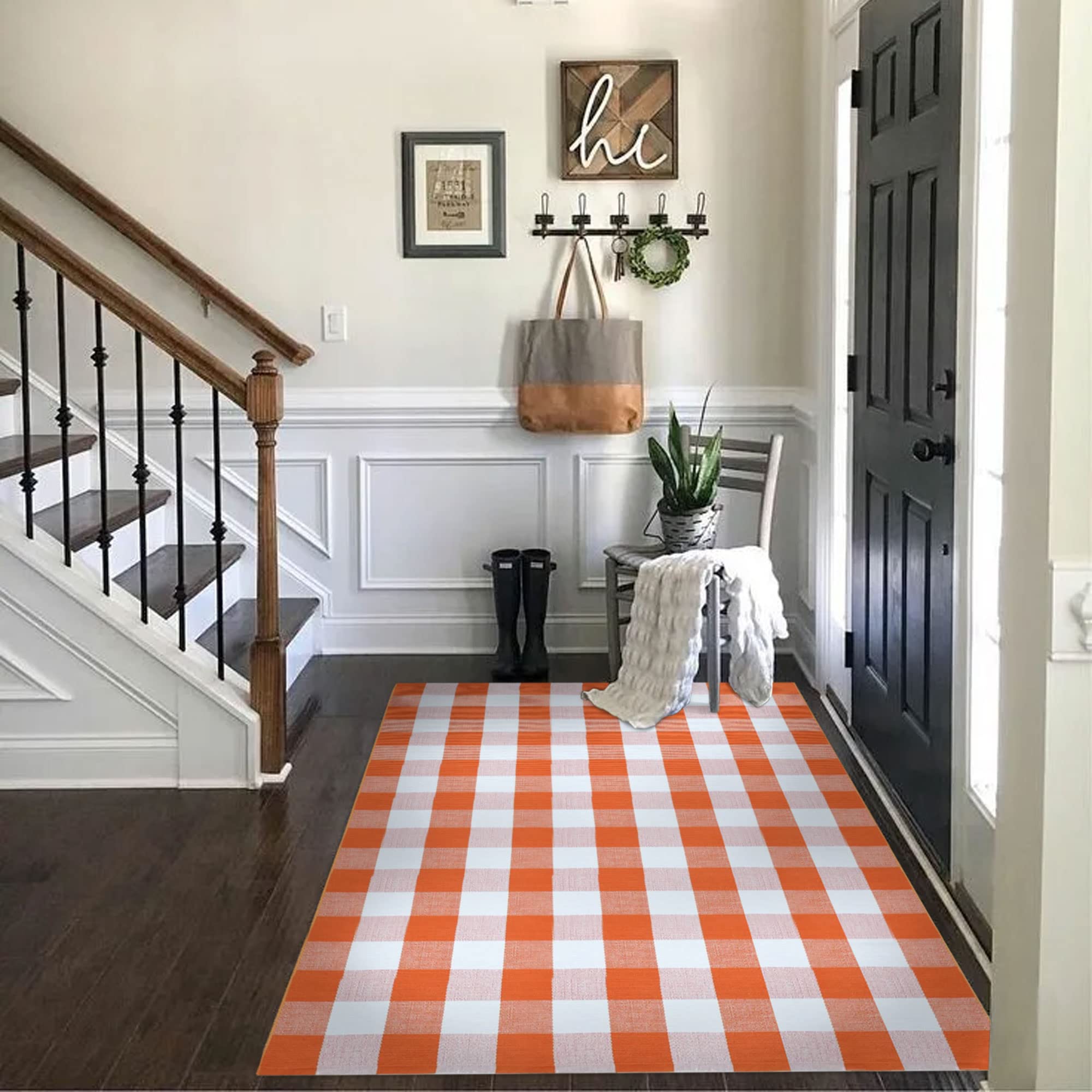 Photo 1 of SEEKSEE Cotton Buffalo Plaid Rug 4'x6' Orange and White Checked Rug Washable Doormats Indoor Outdoor Rugs for Layered Front Door Mats, Porch, Kitchen, Farmhouse, Entryway