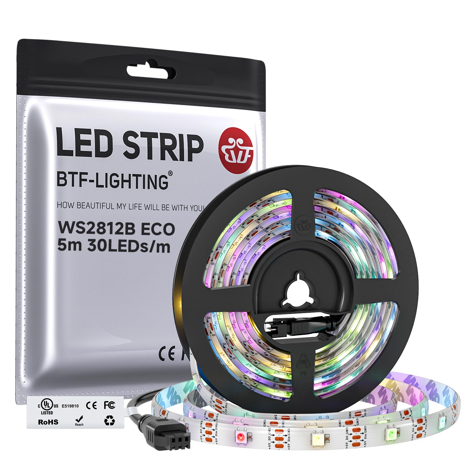 BTF-LIGHTING WS2812E ECO RGB Alloy Wires 5050SMD Individual Addressable 16.4FT 30Pixels/m 150Pixels Flexible White PCB Full Color LED Pixel Strip Dream Color IP30 Non-Waterproof DIY Projects Only DC5V
