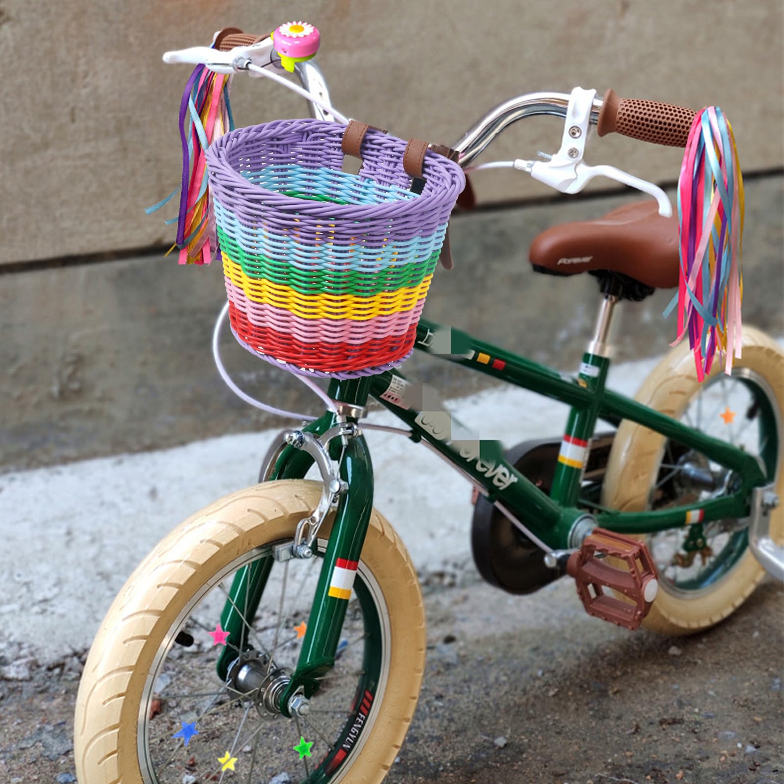 Kids Bike Basket, Wicker Handlebar Bicycle Basket for Girls With Unicorn Necklace, Bell, Streamers, Stickers Decoration Accessories Set