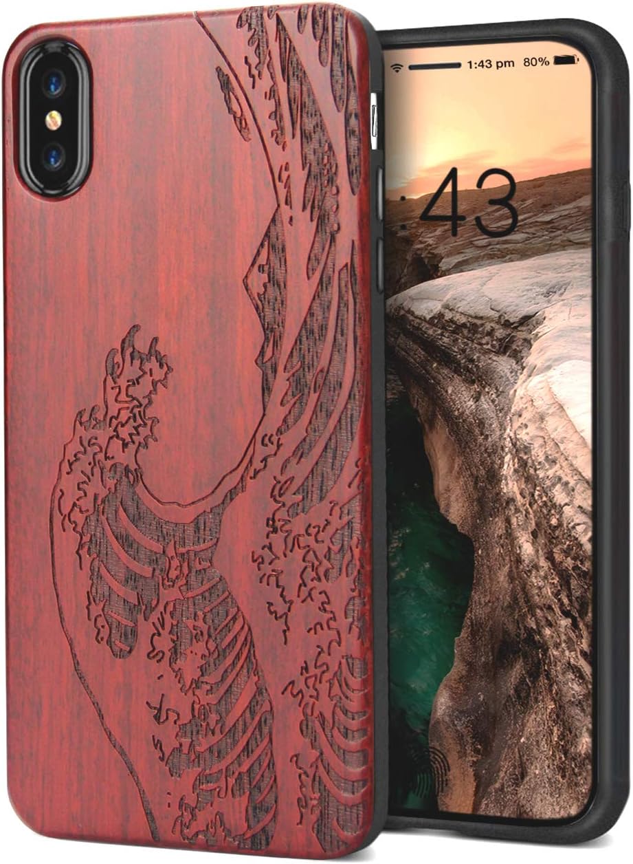 YFWOOD Cool Case Replacement for iPhone X/Xs, Unique Carving Wave Design Wood with Silicone Dual layer Hybrid Anti-Scratch Shockproof Protective Compatible with iPhone X/XS Case
