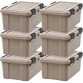 IRIS USA 6-Pack 19 Qt Storage Bins with Gasket Lids, Tan | WeatherPro seal protects shoes, crafts, documents and supplies from dust and moisture