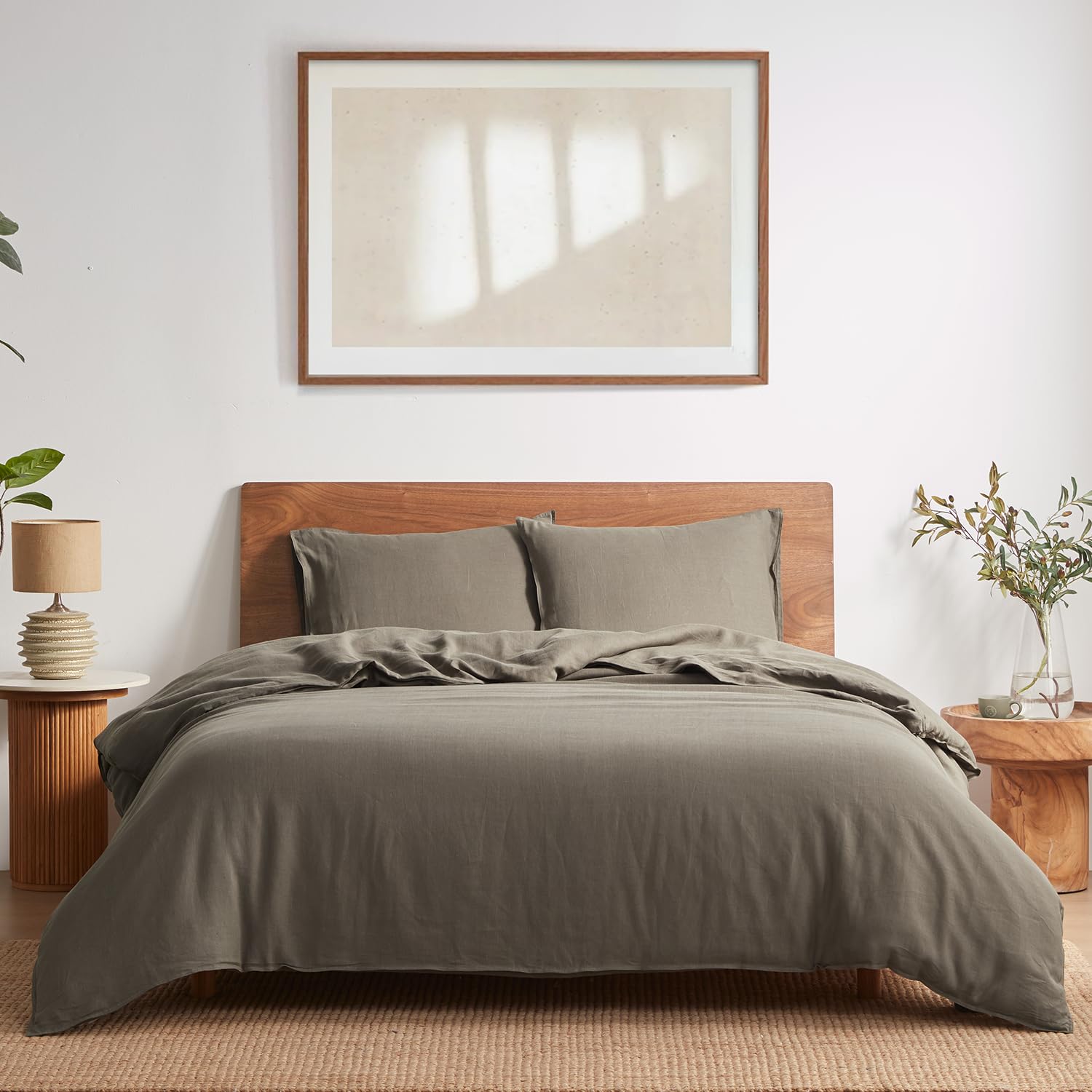 Photo 1 of DAPU 100% Linen Duvet Cover Set - Pure Natural French Flax Linen with Corner Ties and Zipper Closure Soft Breathable Durable for Hot Sleepers 1 Duvet Cover 2 Pillowcases (Gray Green, Queen)