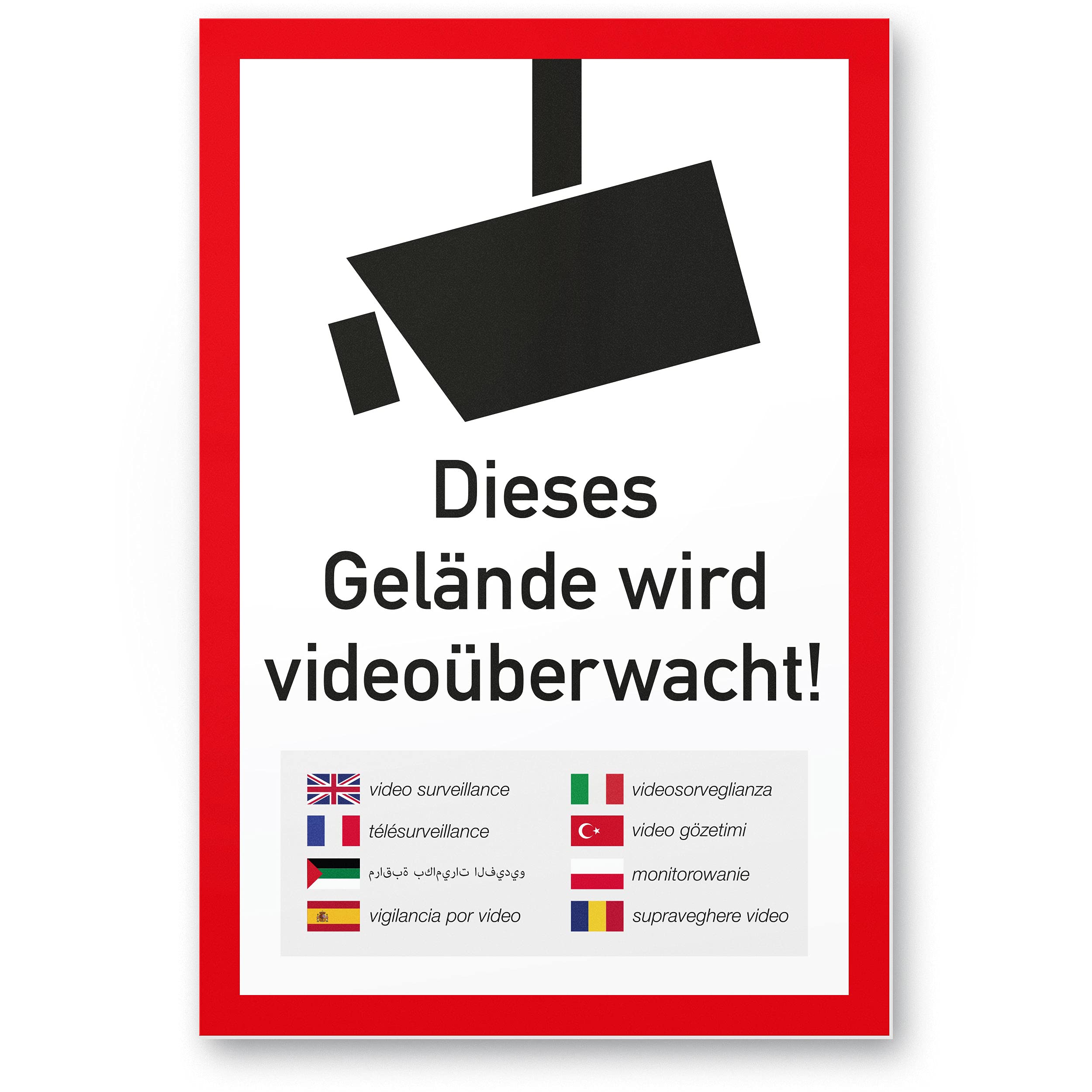 Terrain Video Surveillance multilingual Plastic Sign (20 x 30 cm) – Warning/Caution Video Surveillance – Warning Sign Video Surveillance – Warning Sign — image 1