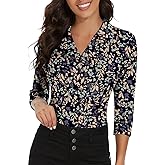 Soneven Womens 3/4 Sleeve Button Down Shirt V Neck Collared Polo Shirts Work Blouses