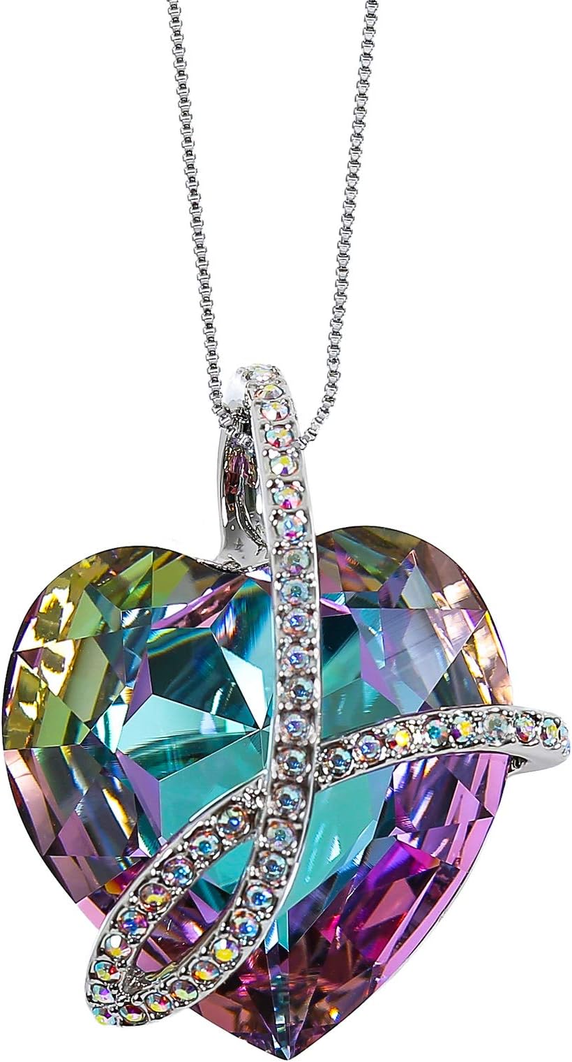 MOONSTONEFashion Pendant For Women Sterling Silver Elegant Ribbon Wrapped Statement Heart Swarovski Crystal Elements Chain, Crystal Vitrail Light