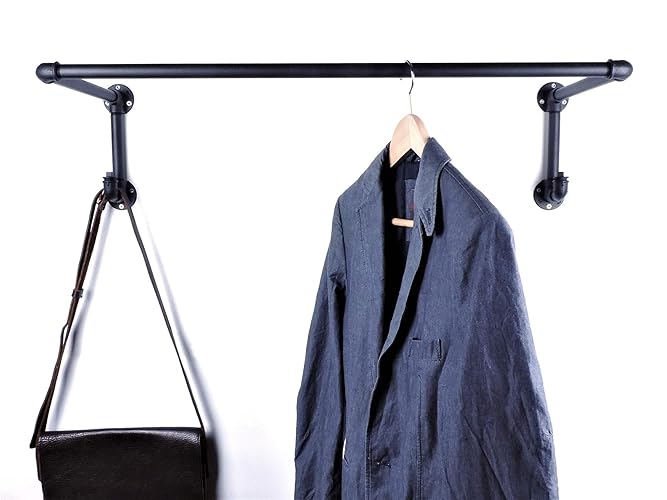 Garderobe Schwarz aus Metall Breite 90cm (Kleiderstange 80 cm) für Kleiderbügel und 2 Kleiderhaken, Wandbefestigung Industria