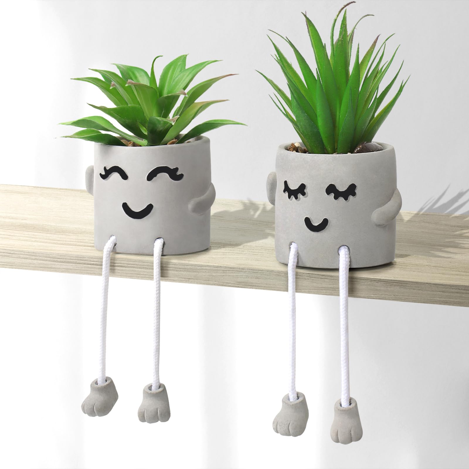 Dremisland 2PCS Artificial Plants Indoor Fake Plastic Succulent Plants Potted with Hanging Leg Emotional Cement Flower Pots Desk Plant Decor for Christmas Home Office Table Living Room Bookshelf