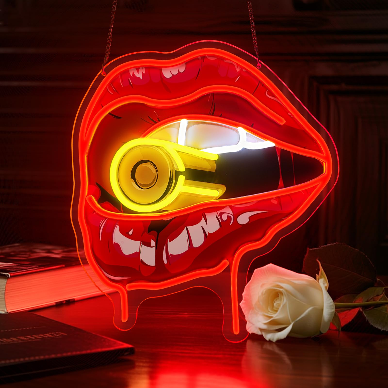Photo 1 of Red Lips Neon Sign, Flaming Red Lips Neon Signs for Wall Decor, Dimmable Acrylic Neon Lights for Room Bedroom Hotel Club Bar Party Decorations, Perfect Gifts