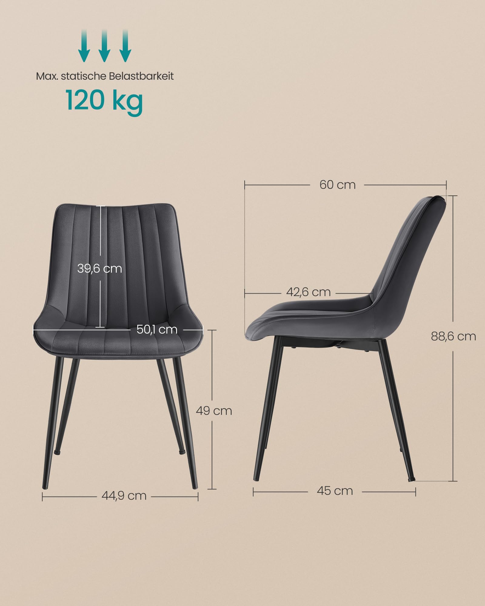 SONGMICS Esszimmerstuhl 6er Set, Küchenstuhl, Samt, Polsterstuhl, bis 120 kg belastbar, Stahlbeine, Gebogene Rückenlehne, für Esszimmer, Küche, grau-tintenschwarz LDC090G56 5