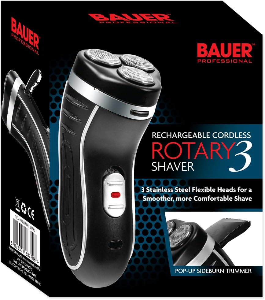 Bauer Professional 38780 Men’s Electric Shaver/Three Flexible Rotary Heads/Ergonomic Grip/Pop-Up Sideburn Trimmer/Cordless & Rechargeable/Head - Image 3
