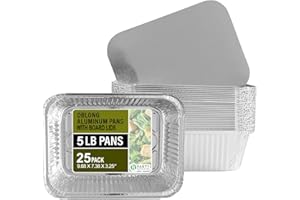 PARTY BARGAINS 5 Lb. Aluminum Foil Pans with Lids - 25 Count Set with Board Lids, 9 x 7 Inches Oblong Pan Food Container for Hot and Cold Use (Max 240°C)